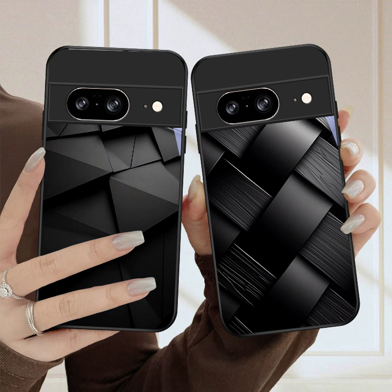 Google Pixel 8A - เคสโทรศัพท์แก้วสีดำลายเรขาคณิตสีเข้ม สำหรับ Google Pixel 10 Pro